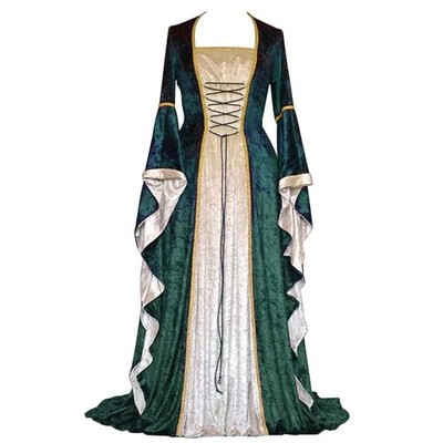 Damen Retro Mittelalter Kleid mit Trompetenärmel, Mittelalterliche Viktoriani...