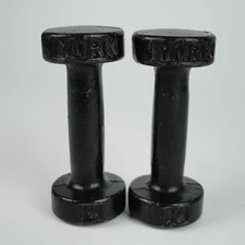 Vtg York 2lb Dumbbell Pair Cast Iron Weights w/ Flat Bottom, Black - Lot of 2