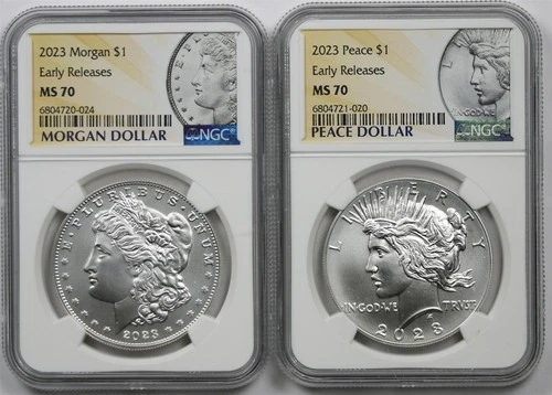 2023 $1 Morgan Peace Silver Dollar 2pc Set NGC MS70 E/R Morgan & Peace Label