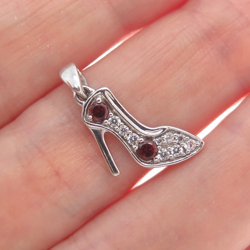 925 Sterling Silver Real Round-Cut Red Garnet & C Z High Heel Shoe Mini Pendant