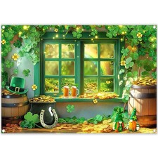 7x5ft Fabric St. Patrick's Day Backdrop Spring Window Lucky Shamrock Gold Coins
