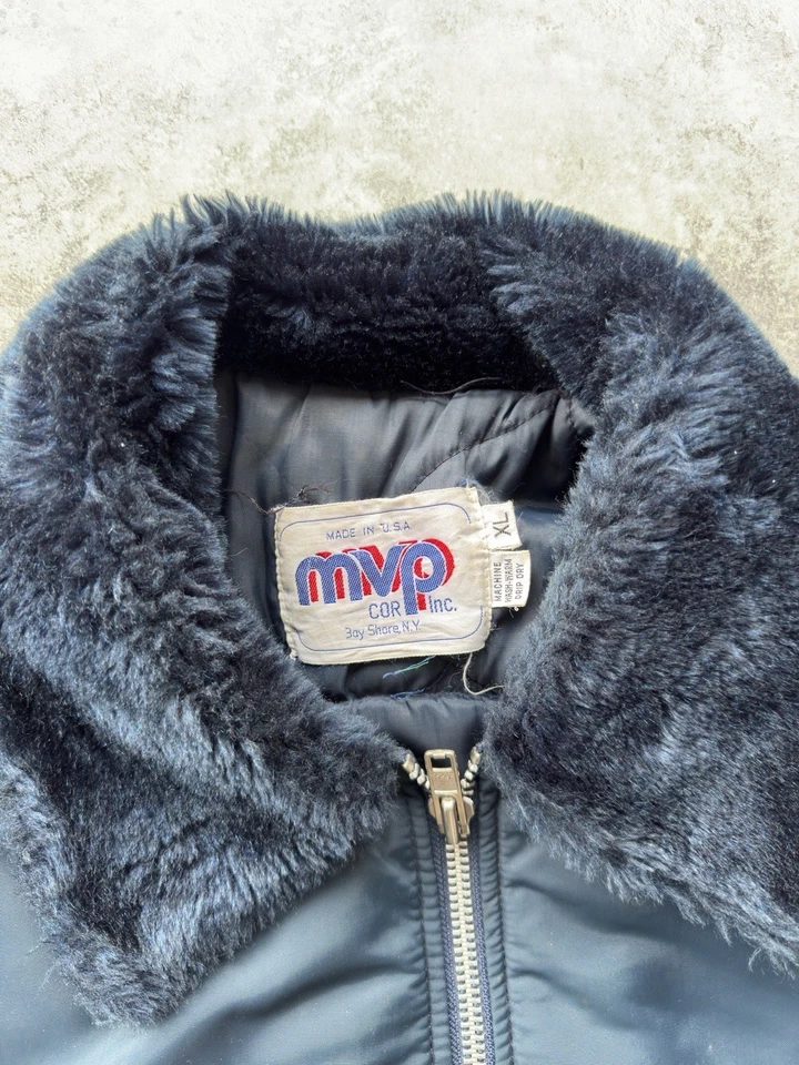 Vintage MVP Corp Aviator Fleece Bomber Jacket Mens XL Faux Fur Collar Navy Blue - Image 2 of 4