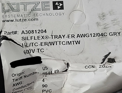 Lutze A3081204 12/4C SILFLEX Power/Control Tray Cable TC-ER-JP Gray /10ft