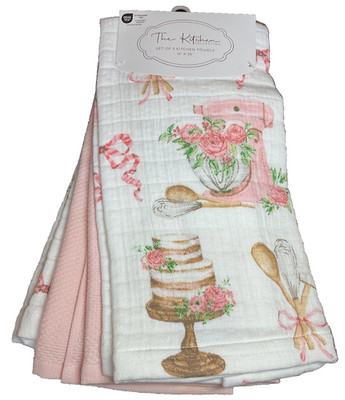The Kitchen Collection Kitchen Towels (3) 16 X 26 MIXER CAKE TOOLS PINK NWT