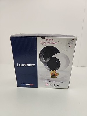 18-pc Luminarc HARINA Black and White DINNER SET Tempered Glass Plate Set France