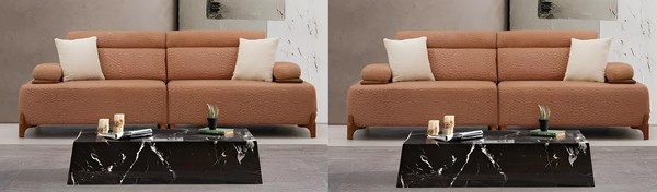 Braunes 3-Sitzer Sofa + 3-Sitzer Sofa Mit Modernen Holzelementen-image