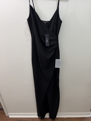 Lulus Black Solid Slip Dress V-Neck Spaghetti Strap Midi Side Slit Size XS NWT