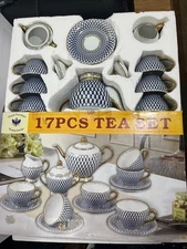 NEW! Royal Porcelain Russian Design Lomonosov 22K Gold Cobalt Blue Tea Set RARE!