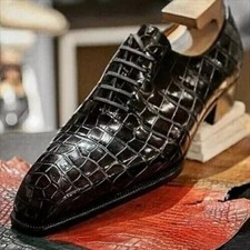 Men Handmade Black Alligator Leather Crocodile pattern Dress Lace-up Oxford Shoe