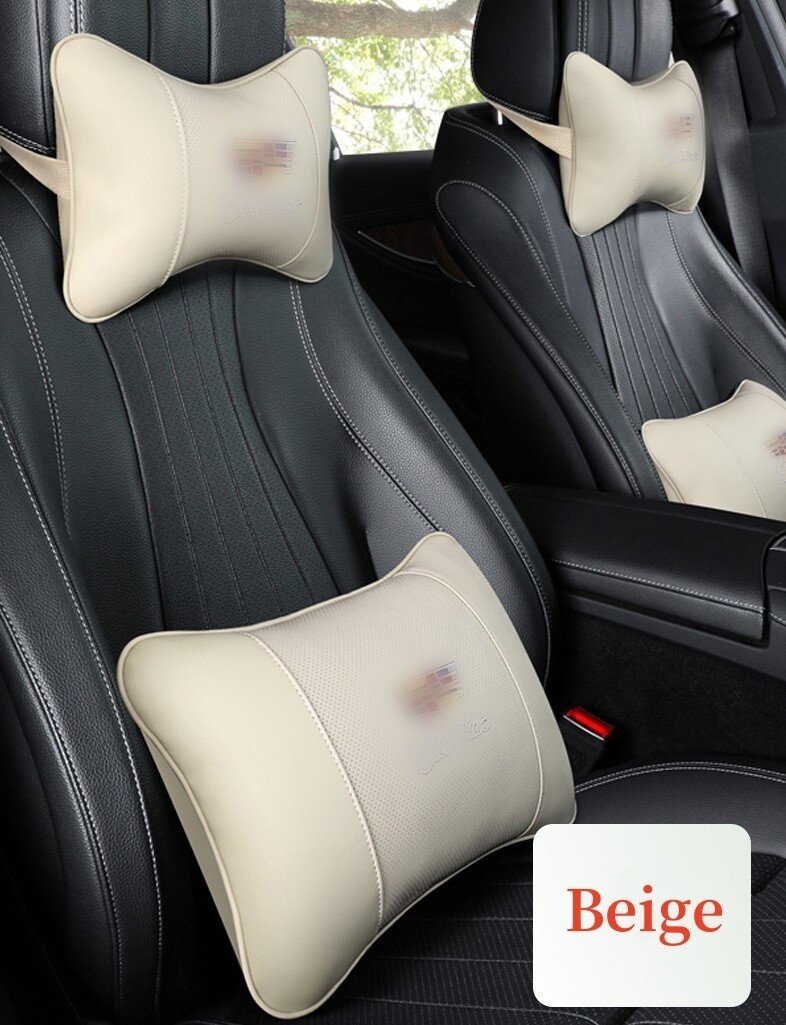 2Pcs Car Seat Pillows Lumbar Support Cushion Soft Leather Fit For Cadillac Beige
