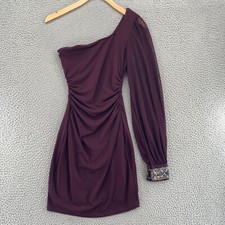Ruby Rox Dress Womens Small Burgundy Bodycon One Sleeve Beaded Cuff Ruched Mesh*