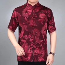 Mens Traditional Chinese Tang Suit T-shirt Set Taichi Uniform Dragon Pattern Hot