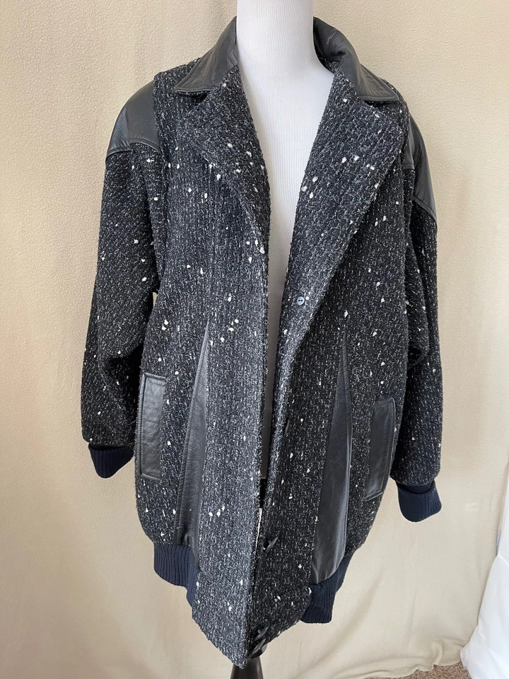 Vintage 80's Maggie Lawrence Leather Trimmed Wool Blend Flecked Tweed Coat - Image 2 of 4
