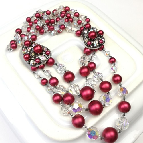 Vintage Glass Bead Necklace 3 Strand Swag Evening Jewellery Red Stones