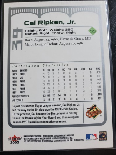 2003 Fleer Fall Classics #39 Cal Ripken Jr. Baltimore Orioles MINT - Picture 2 of 2