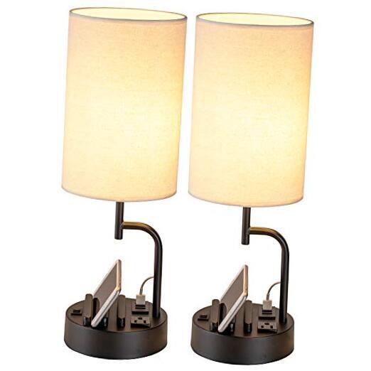 Table Lamp with 3 USB Charging Ports, Modern Desk Lamp with AC Linen Shade-image
