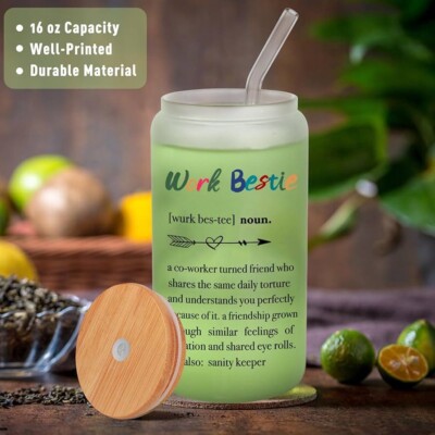 Work Besties Glass Cups Gifts for Women, Coworker 16 oz  with Straw Lid