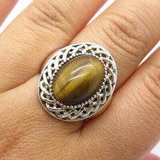 925 Sterling Silver Vintage Real Tiger Eye Gemstone Ring Size 6 3/4