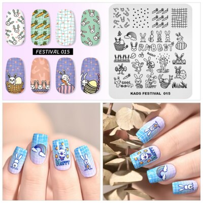 Nail Art Stempelplatte KADS Frohe Ostern Hase Hasen Eier Karotten Regenbogen K15