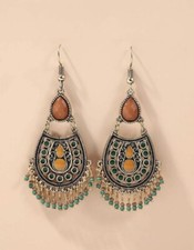 Ethnic Orange Green Gold Beaded Drop Dangle Indian Boho Tassel Earrings Uk