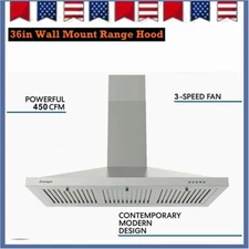 36 inch Wall Mount Range Hood Kitchen Ventilation 450CFM Stainless Steel 3-Speed