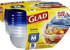 GladWare 25 oz 3 cup Entree Containers, Snap Lids, 5 Containers Per Set-BPA Free