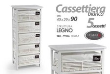 CASSETTIERA LEGNO 5 CASSETTI SLIM SALVASPAZIO BIANCO VIMINI RIVESTITI 90*40*29cm