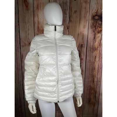 DKNY Women's Packable Puffer Jacket with Bag in White Size Small