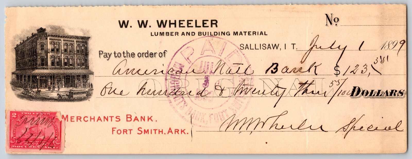 Sallisaw Indian Territory Oklahoma Bank Check 1899 W.W. Wheeler Lumber