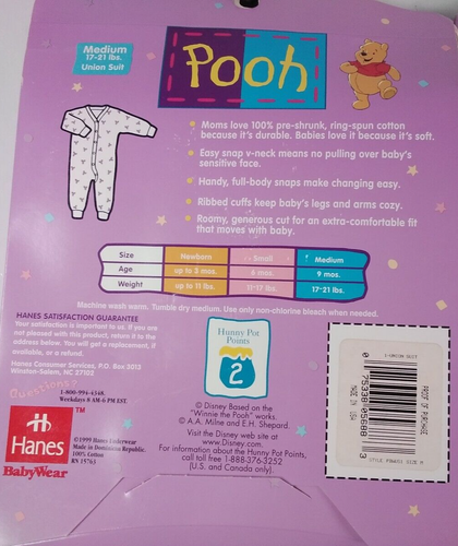 Hanes Baby Wear Pooh Medium 17-21 lbs. Union Suit Disney Winnie The Pooh 1999 - Picture 3 of 3