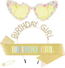 3Pcs Birthday Girl Sash Headband Set-Birthday Sash Tiara and Crown Sunglasses fo