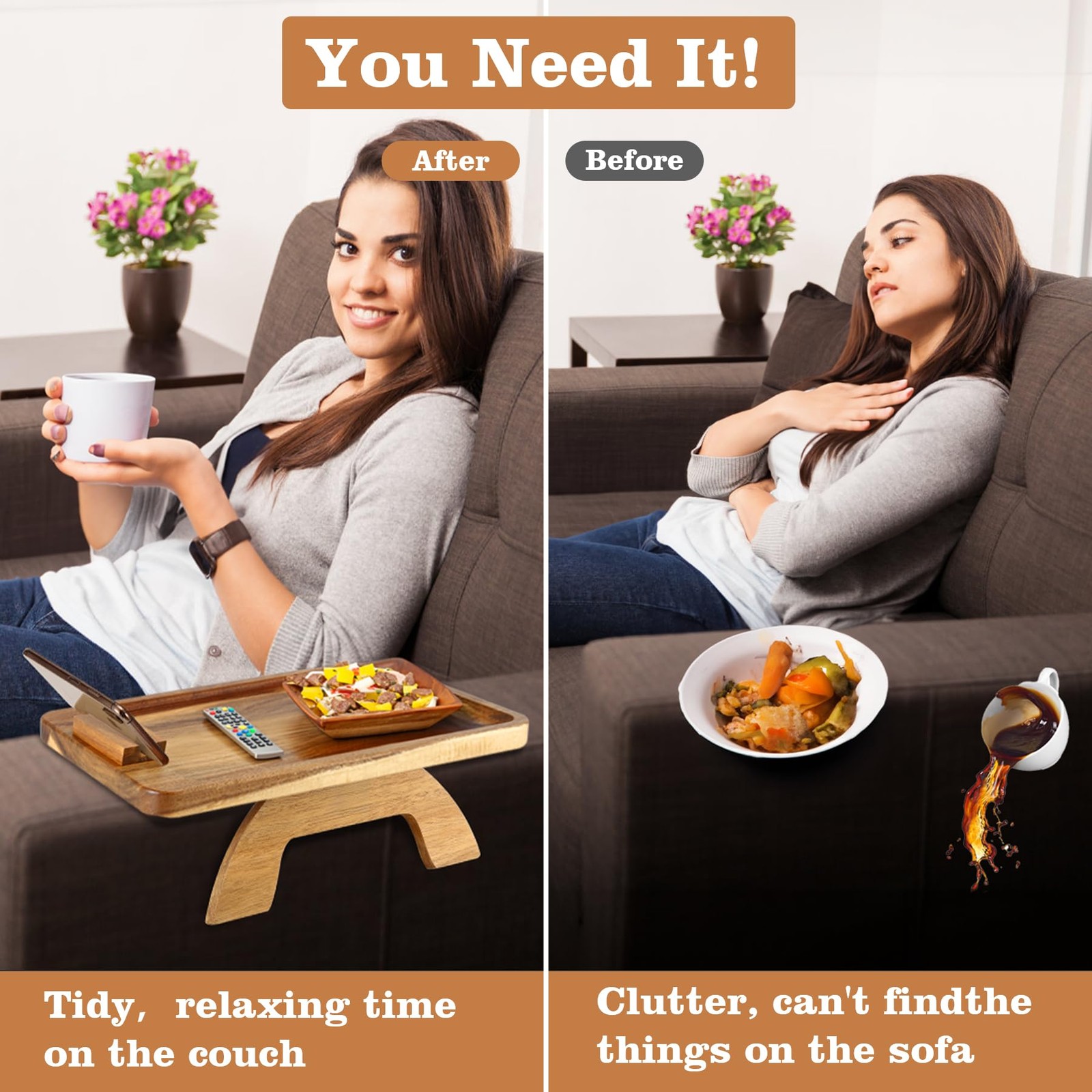 Acacia Wood Couch Armrest Table,Sofa Arm Tary Table for Living Room,Sofa Armr...