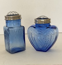 Blue Glass Flower Frog Jar Set 2 Vintage Vases Sunburst Heart Wire Dome Lids THT