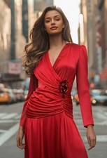 90s Cocktail Dress Size Large 10 Red Ruched Midi Sequin Beaded Applique USA EUC
