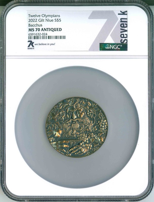 2022 Niue S$5 Gilt Twelve Olympians Bacchus High Relief 2 Oz. NGC MS70 Antiqued