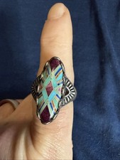 925 Sterling Silver Vintage Ring SOUTHWESTERN Turquoise Onyx Gems SZ 8