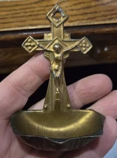 Vintage Brassy Metal Home Holy Water Font - Blessing Well with Crucifix 