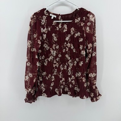 Maurices Floral Smocked Blouse Womens Medium Maroon Long Sleeve Chiffon