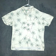 Paradise Found Hawaiian Shirt Mens 2XL Cream Palm Tree Print Short Sleeve Aloha