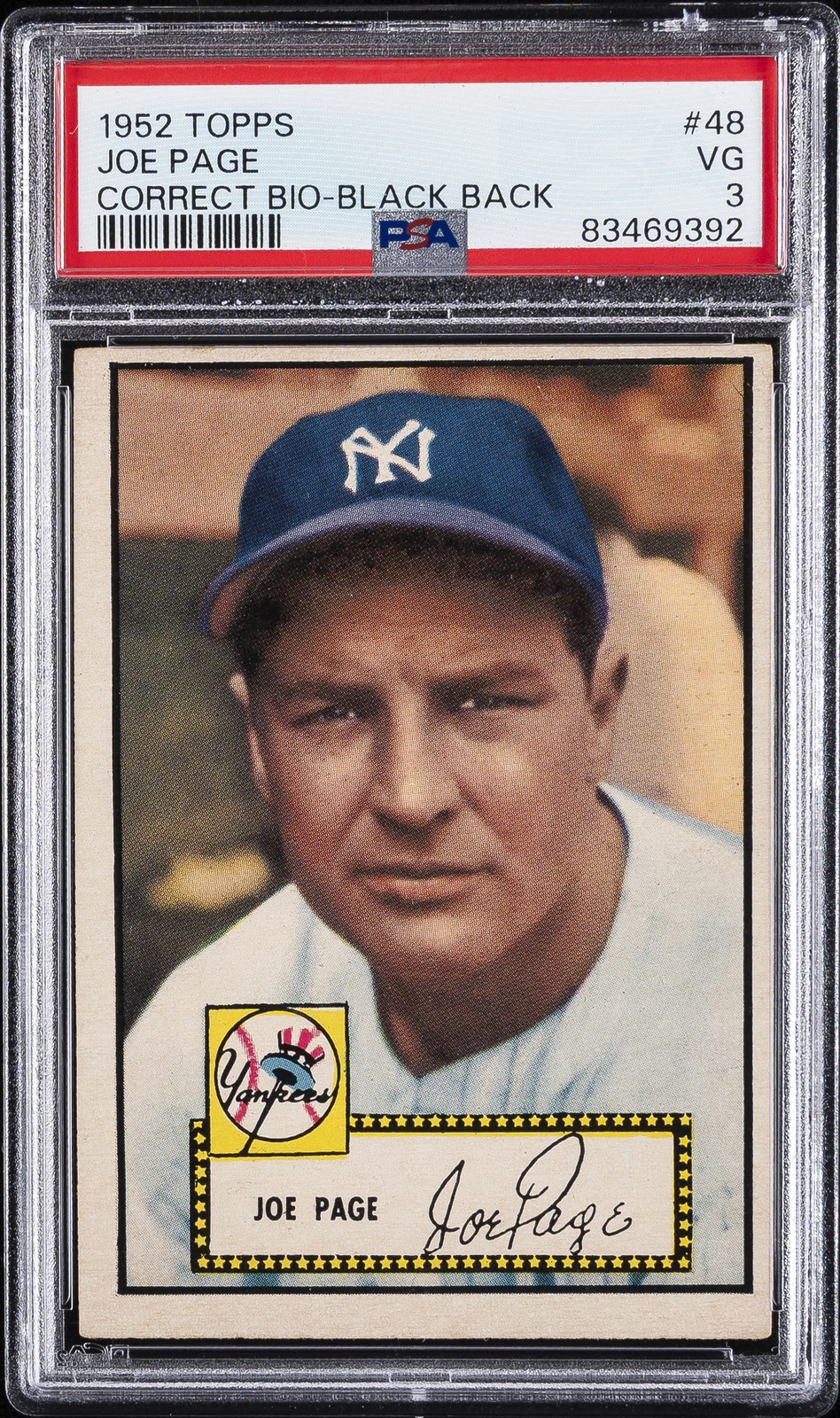 1952 TOPPS CORRECT BIO-BLACK BACK #48 JOE PAGE PSA 3