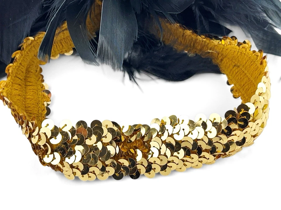 Vintage Burlesque Dancer Dance Costume Gold Sequin Headband Black Feathers - Image 2 of 4