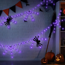 2Pcs Halloween Spider Web Lights with Spider, Purple LED String Light Web