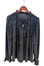 DG2 by Diane Gilman Women's Burnout Velvet Knit Puff-Sleeve Top Black