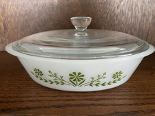 Vintage Glasbake Green Daisy oval casserole dish w/lid J235 1 QT - No DW Damage