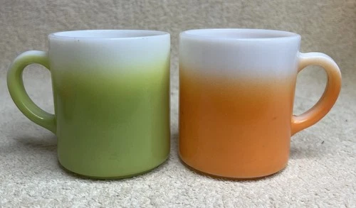 2 Vintage Hazel Atlas MCM White Orange Green Ombre Glass Coffee Mugs