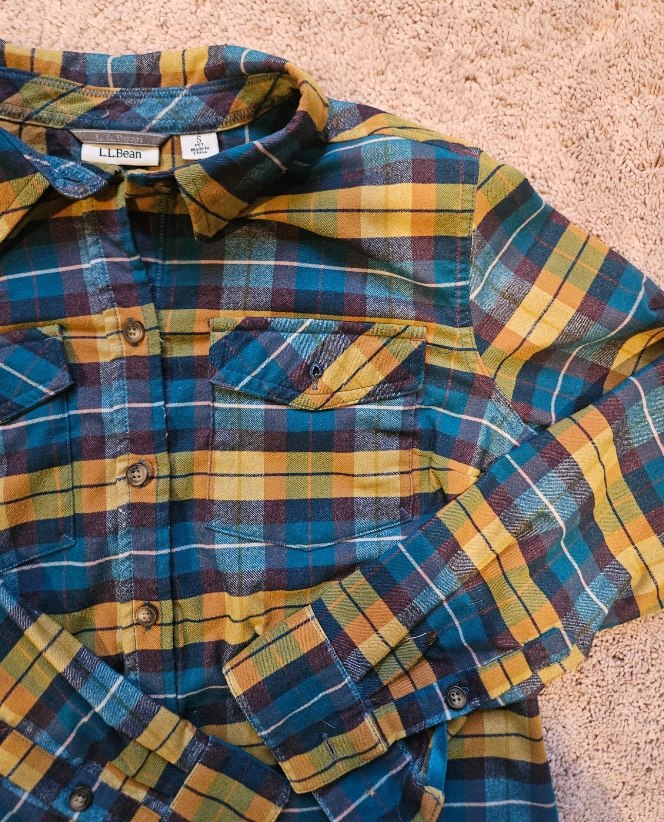 L.L Bean Shirt Womens Small Blue Yellow Plaid Flannel Button Up Outdoors EUC