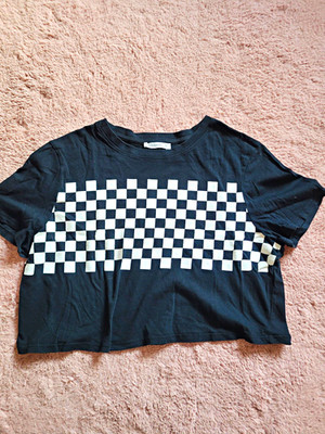 Terranova Damen T-Shirt Gr. S Schwarz/Weiß Schachbrett Jersey Kurzarm bauchfrei