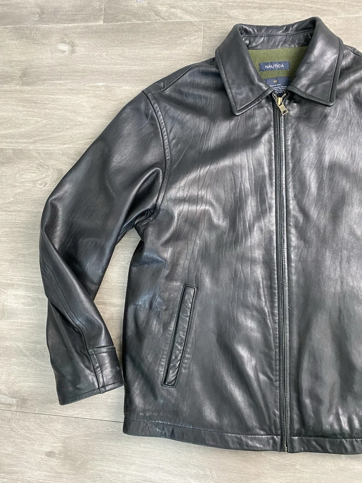 Chaqueta de Cuero Suave Nautica Forrada de Vellón Moto Bombardero Motociclista Negra Para Hombre Talla M Foto 2 de 4