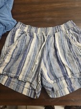 Ladies M Briggs Blue White Pull-On Linen Blend Shorts w/Pockets Drawstring