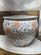 Vintage Floral Ceramic Planter Blue Peach Roses Cottage Style